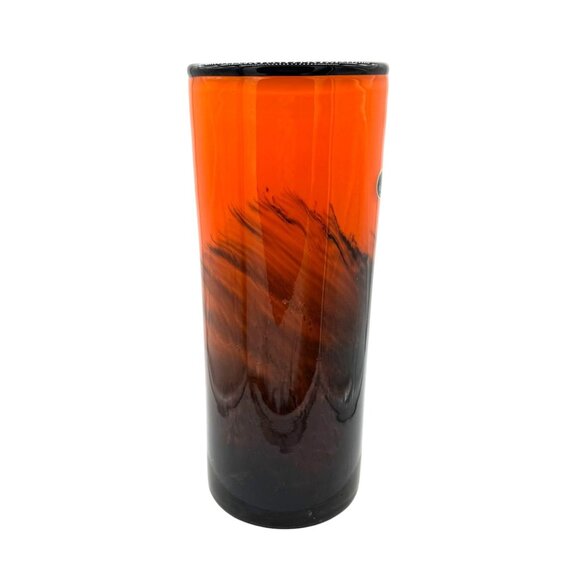 LAVORAZIONE MURANO MCM ITALIAN ORANGE BLACK PULLED FEATHER HANDBLOWN GLASS VASE - Picture 3 of 7